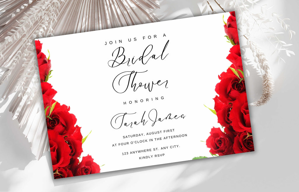 Red Rose Bridal shower invitation, Red Bridal shower invitation template, Red roses bridal invitation, Editable Template, WS46