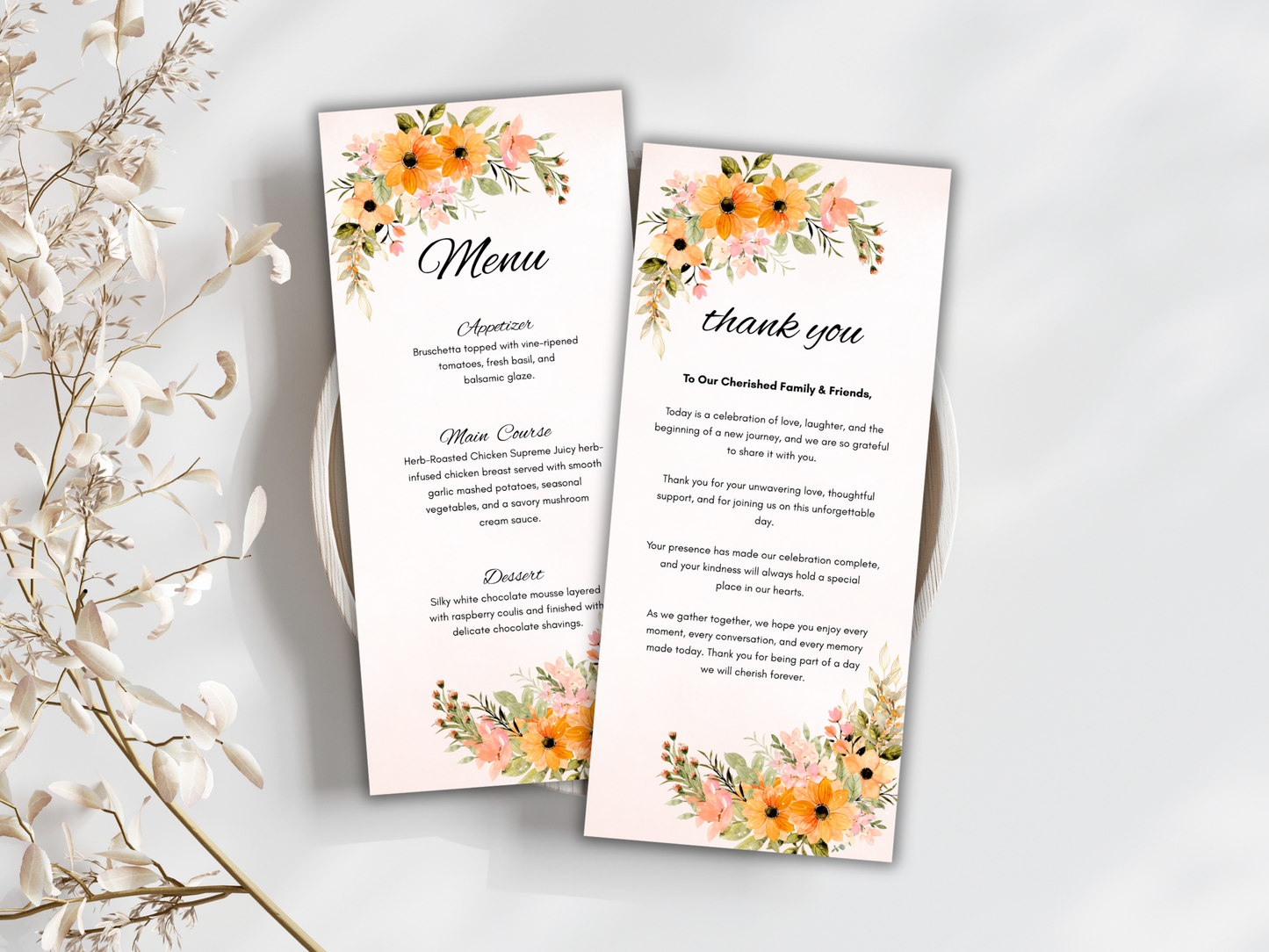 Floral Wedding Menu, Thank You & Table Cards, Instant Download WI394