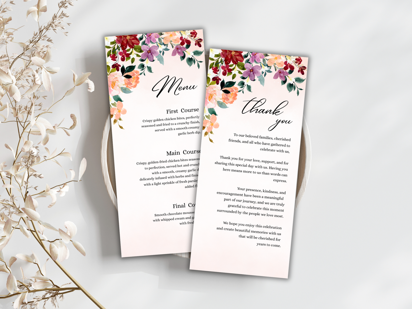 Burgundy Wedding Menu, Thank You, Table Cards (Editable Canva Template) WI380