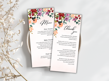Burgundy Wedding Menu, Thank You, Table Cards (Editable Canva Template) WI380