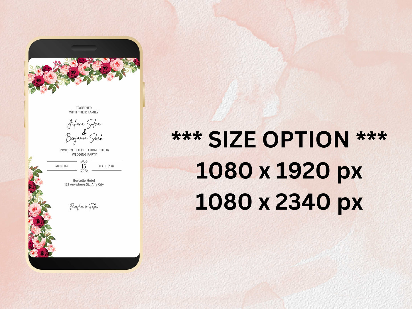 Wedding Evite Template, Electronic Wedding Invitation, Pink Flower Digital Wedding Invitation, Text Message, Mobile Phone Invite. WTD46