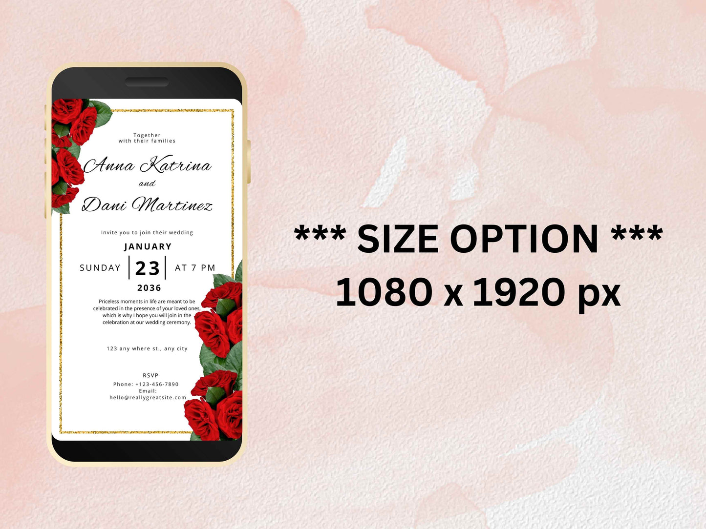 Red Rose Wedding Evite Template, Electronic Wedding Invitation, Red Rose video Wedding Invitation, Text Message, Mobile Phone Invite. WEI4