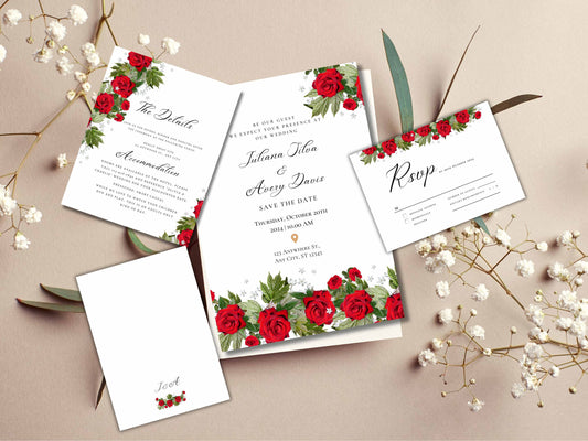 Red rose wedding invitation template set, Printable wedding suite, RSVP card, Details Card. 23