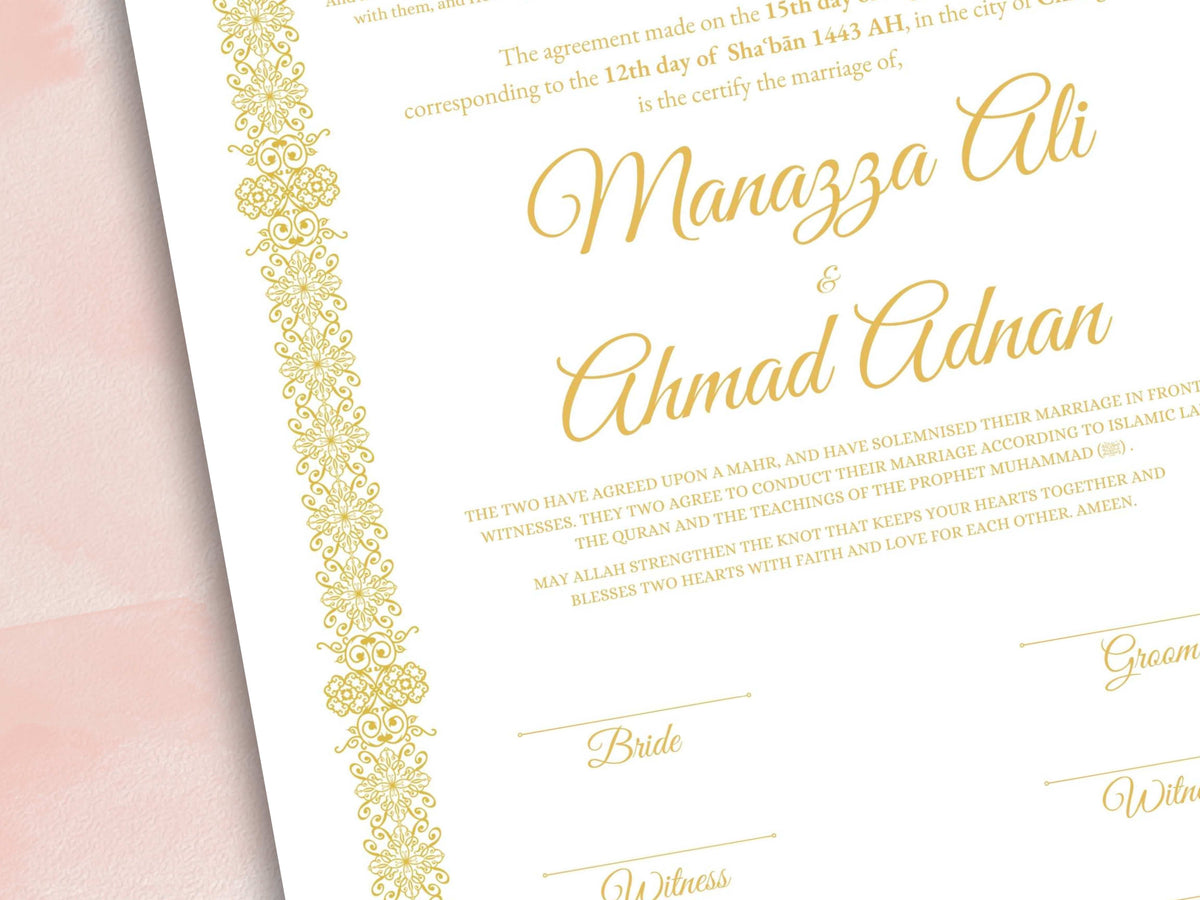 Luxury Nikkah Certificate, Premium A4 Islamic Wedding Contract, Nikkah Nama, Muslim Marriage Certificate, Personalised Names, A4, A3. NN277