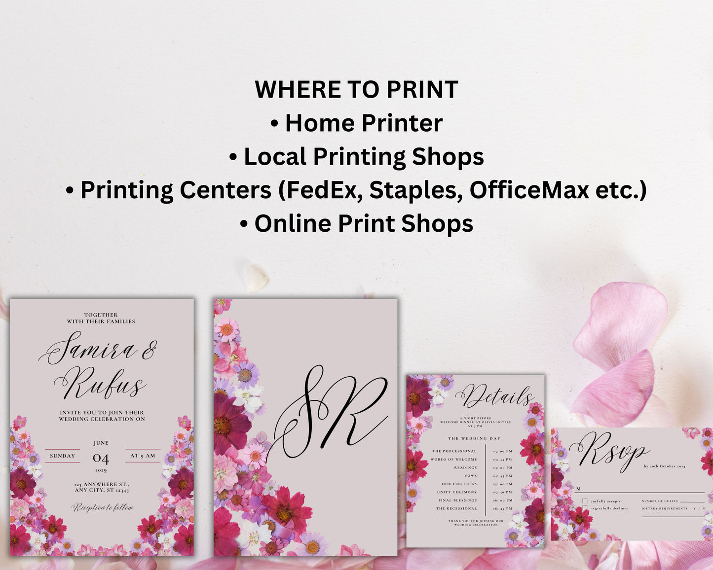 Pink Flowers Wedding Invitation set, Pink Floral RSVP, Elegant Pink Rose wedding Invitation, Details , Editable,Template, WT47