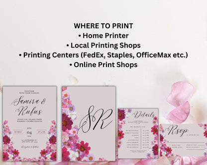 Pink Flowers Wedding Invitation set, Pink Floral RSVP, Elegant Pink Rose wedding Invitation, Details , Editable,Template, WT47