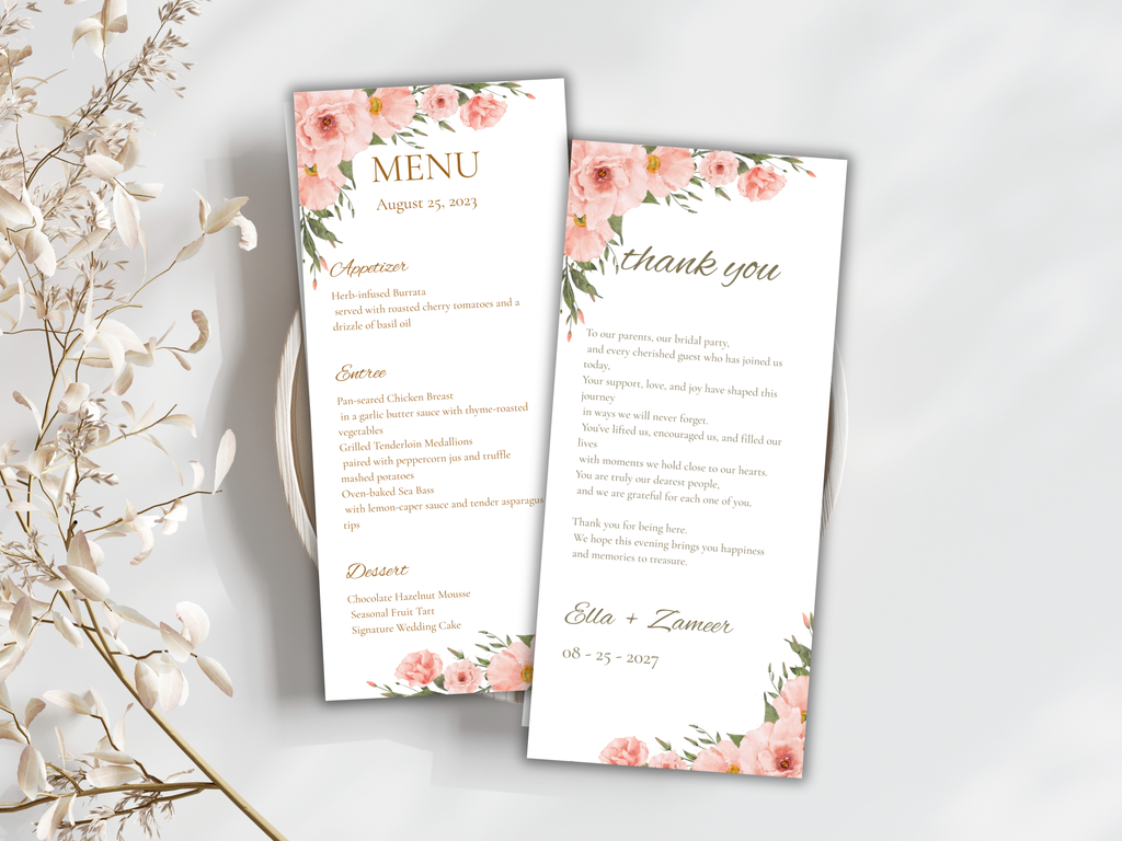 Floral Wedding Menu & Thank You Template | Editable Canva Place Card. WI211