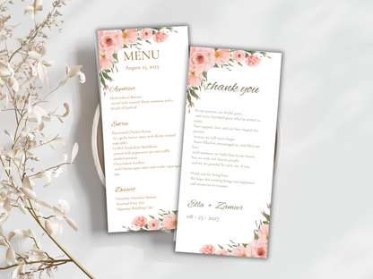 Floral Wedding Menu & Thank You Template | Editable Canva Place Card. WI211