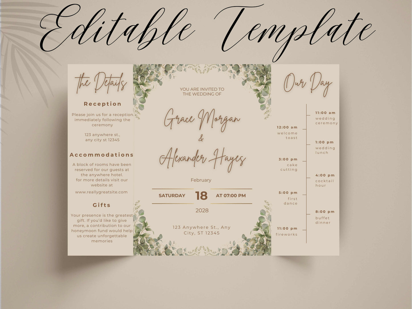 Elegant Greenery Wedding Invitation Template | Modern Eucalyptus Wedding Invite Itinerary & Details Card | Printable Digital Download.WI166
