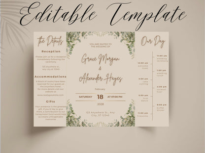 Elegant Greenery Wedding Invitation Template | Modern Eucalyptus Wedding Invite Itinerary & Details Card | Printable Digital Download.WI166
