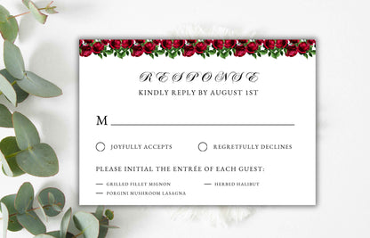 Red Rose Wedding Invitation set, Red Rose RSVP, Dark Red floral, Elegant Red Rose wedding Invitation, Details Editable, Menu Card, WT39