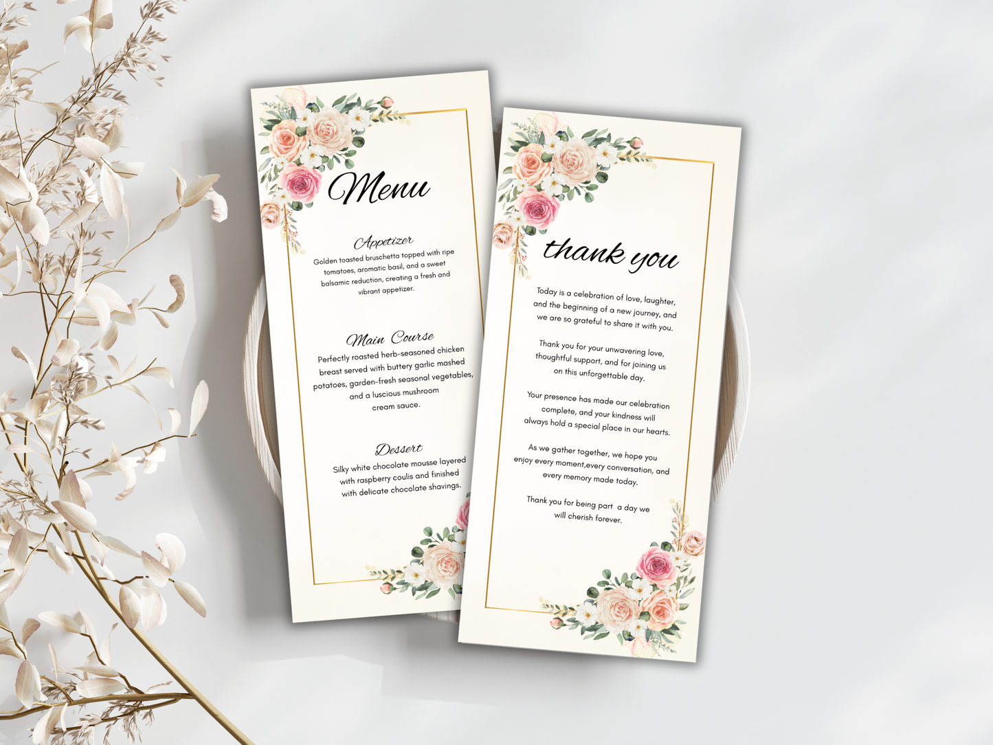Luxury Wedding Menu, Thank You & Table Cards,  Editable Canva Template WI398
