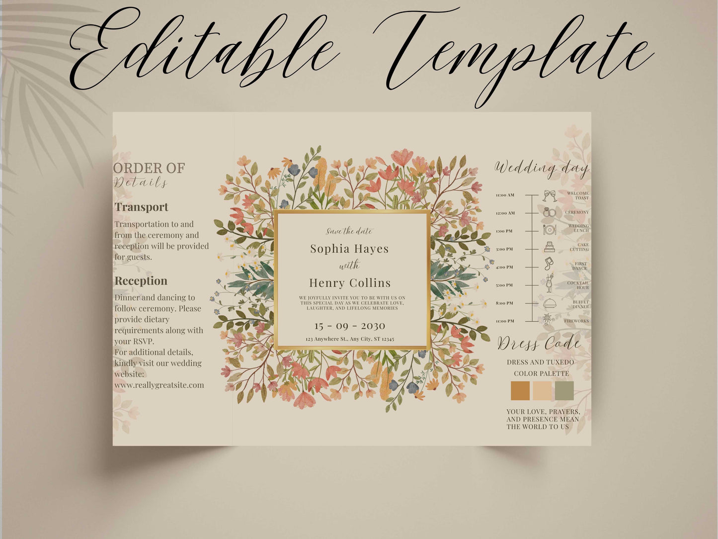 Floral Wedding Invitation Template | Save the Date with Timeline Schedule & Dress Code | Elegant Editable Printable Invite. WI169