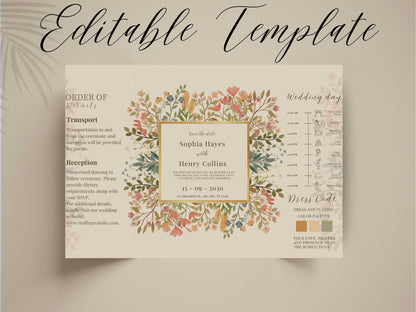 Floral Wedding Invitation Template | Save the Date with Timeline Schedule & Dress Code | Elegant Editable Printable Invite. WI169