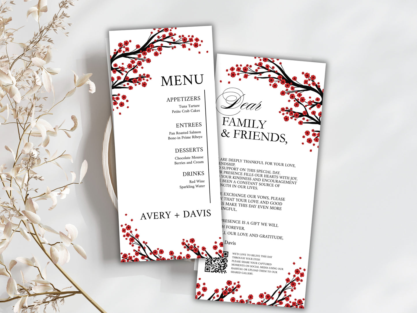Red Floral Wedding Menu & Thank You Card Template .WI192