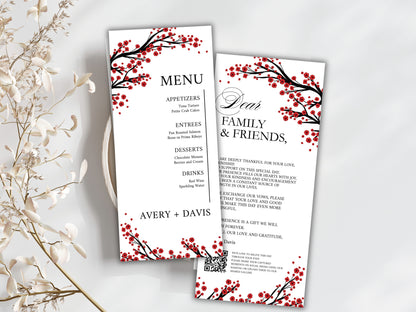 Red Floral Wedding Menu & Thank You Card Template .WI192