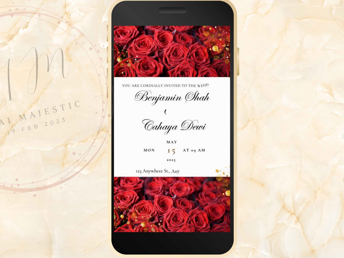 Red Rose Wedding Evite Template, Electronic Wedding Invitation, Red Rose video Wedding Invitation, Text Message, Mobile Phone Invite. WEIB25