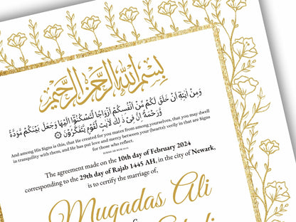 Gold Floral Nikkah Certificate Digital Download Personalised, A4, A3, Template, Instat Download. NN206