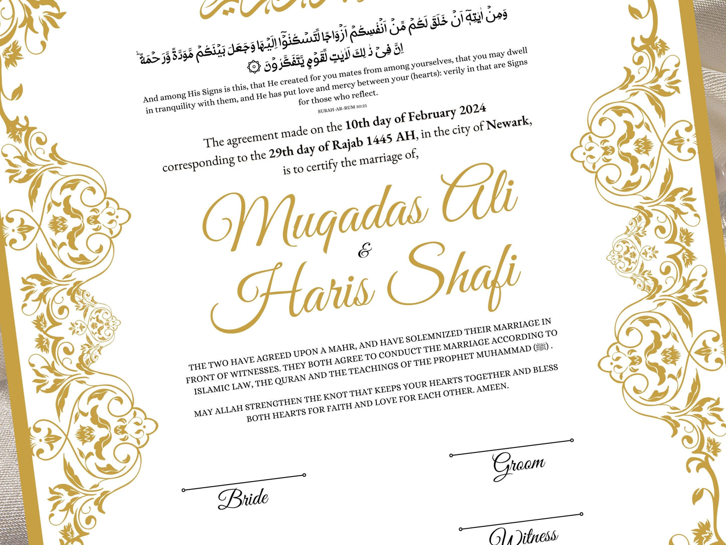 Luxury Nikkah Certificate, Premium A4 Islamic Wedding Contract, Nikkah Nama, Muslim Marriage Certificate, Personalised Names, A4, A3. NN46