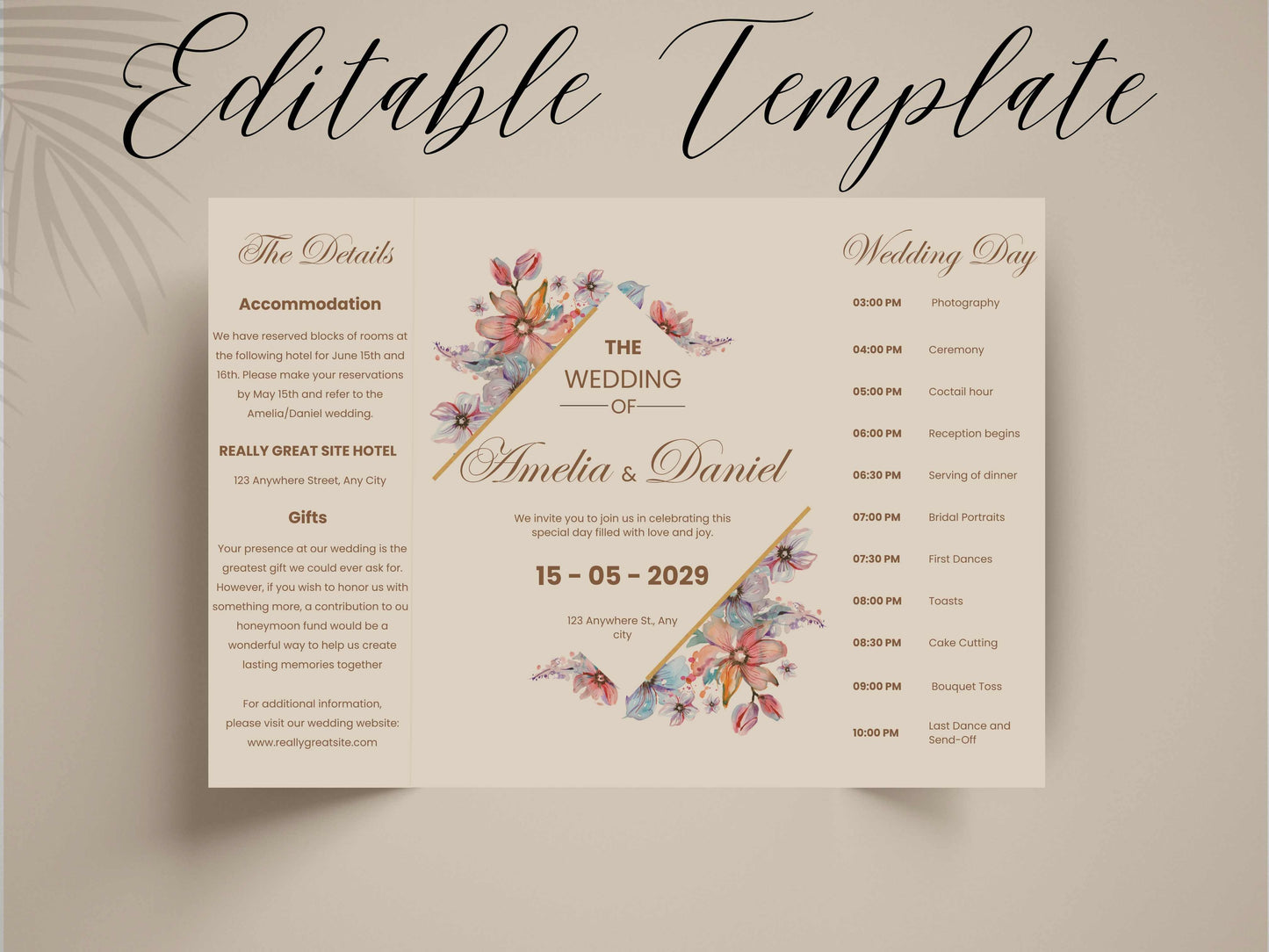 Elegant Floral Wedding Invitation Template | Printable Digital Invite | Modern Wedding Timeline & Details Card. WI167