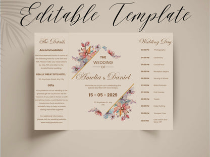 Elegant Floral Wedding Invitation Template | Printable Digital Invite | Modern Wedding Timeline & Details Card. WI167