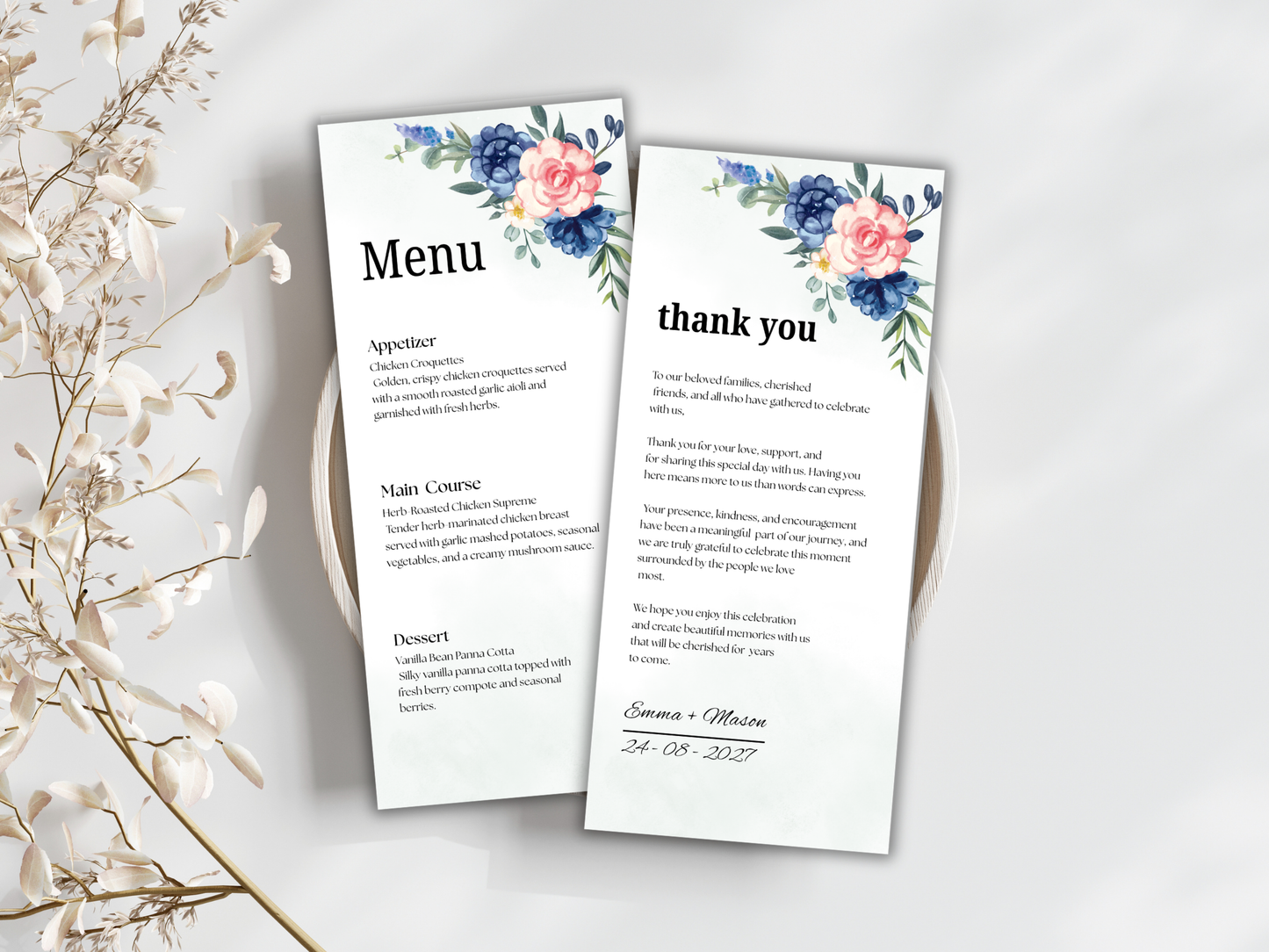 Wedding Menu, Thank You, Table Cards (Editable Canva Template) WI390