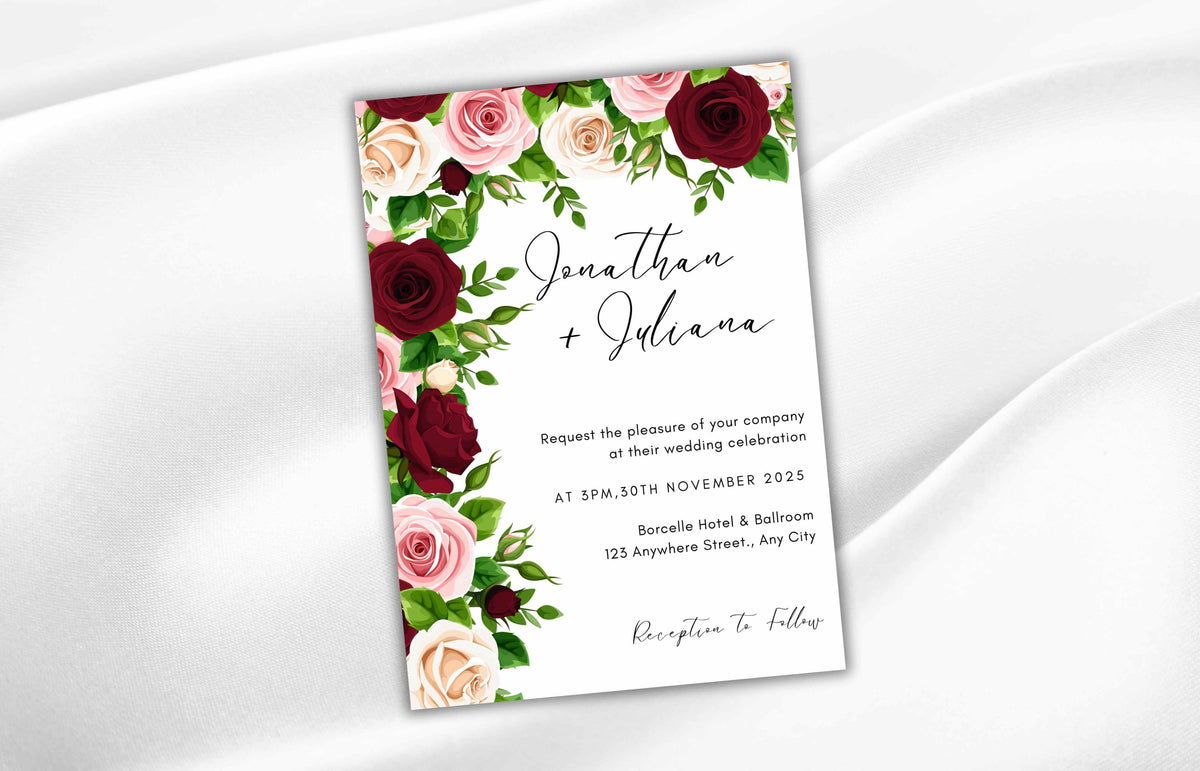 Red Wedding Invitation Set, Floral invitation,Editable Template, RSVP Card, Details Card, Burgundy and Pink Floral with Gold Frame, WIT87