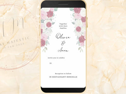 Wedding Evite Template, Electronic Wedding Invitation, Pink Flower Digital Wedding Invitation, Text Message, Mobile Phone Invite. WEI47