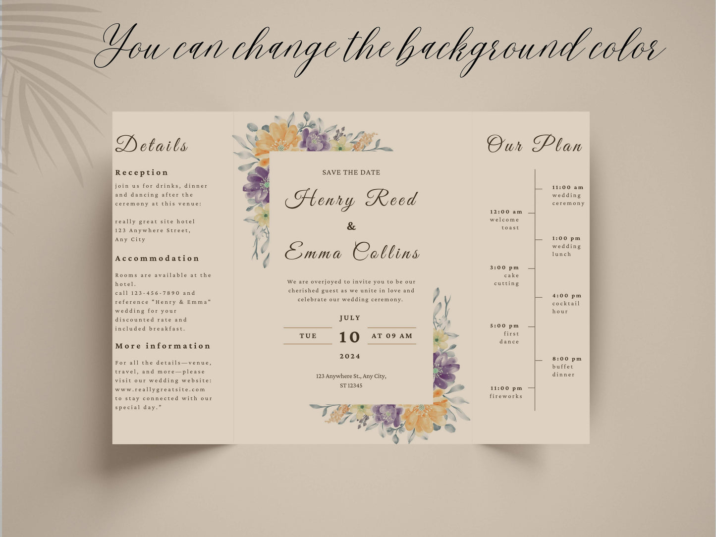 Floral Gatefold Wedding Invitation | Elegant Timeline Wedding Card | Modern Botanical Wedding Invitation with Details & Schedule. WI155