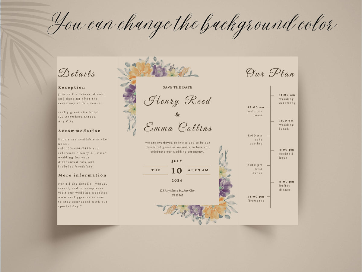 Floral Gatefold Wedding Invitation | Elegant Timeline Wedding Card | Modern Botanical Wedding Invitation with Details & Schedule. WI155