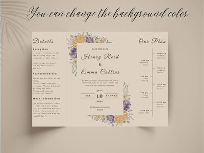 Floral Gatefold Wedding Invitation | Elegant Timeline Wedding Card | Modern Botanical Wedding Invitation with Details & Schedule. WI155
