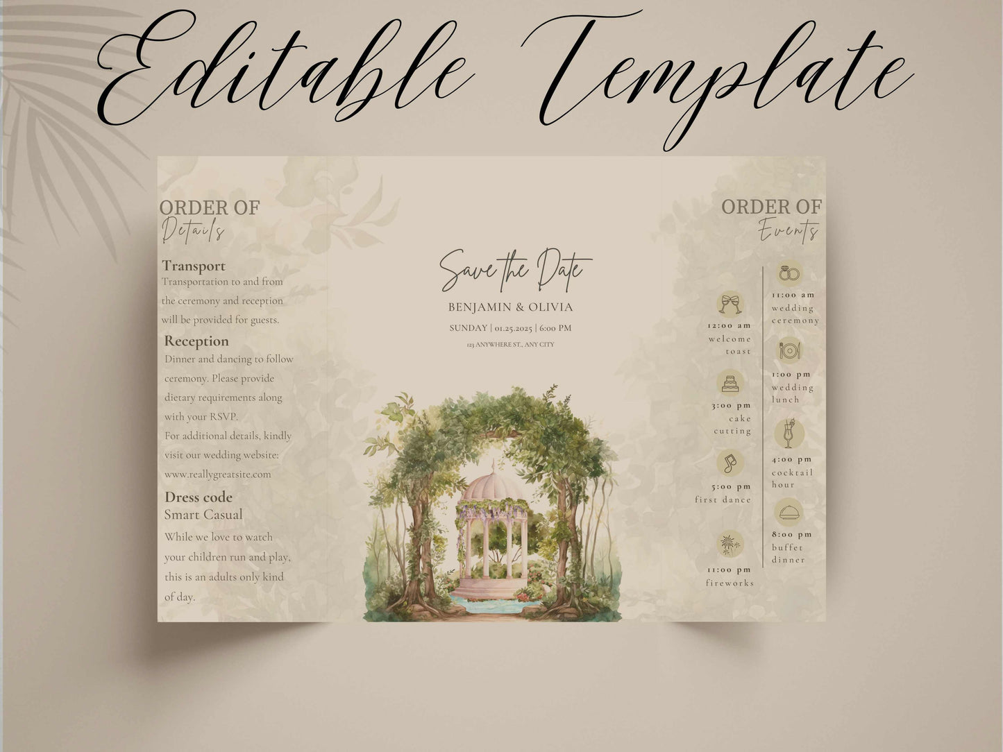 Garden Wedding Invitation | Save the Date with Timeline | Botanical Reception And Event Template | Printable Digital Download. WI164