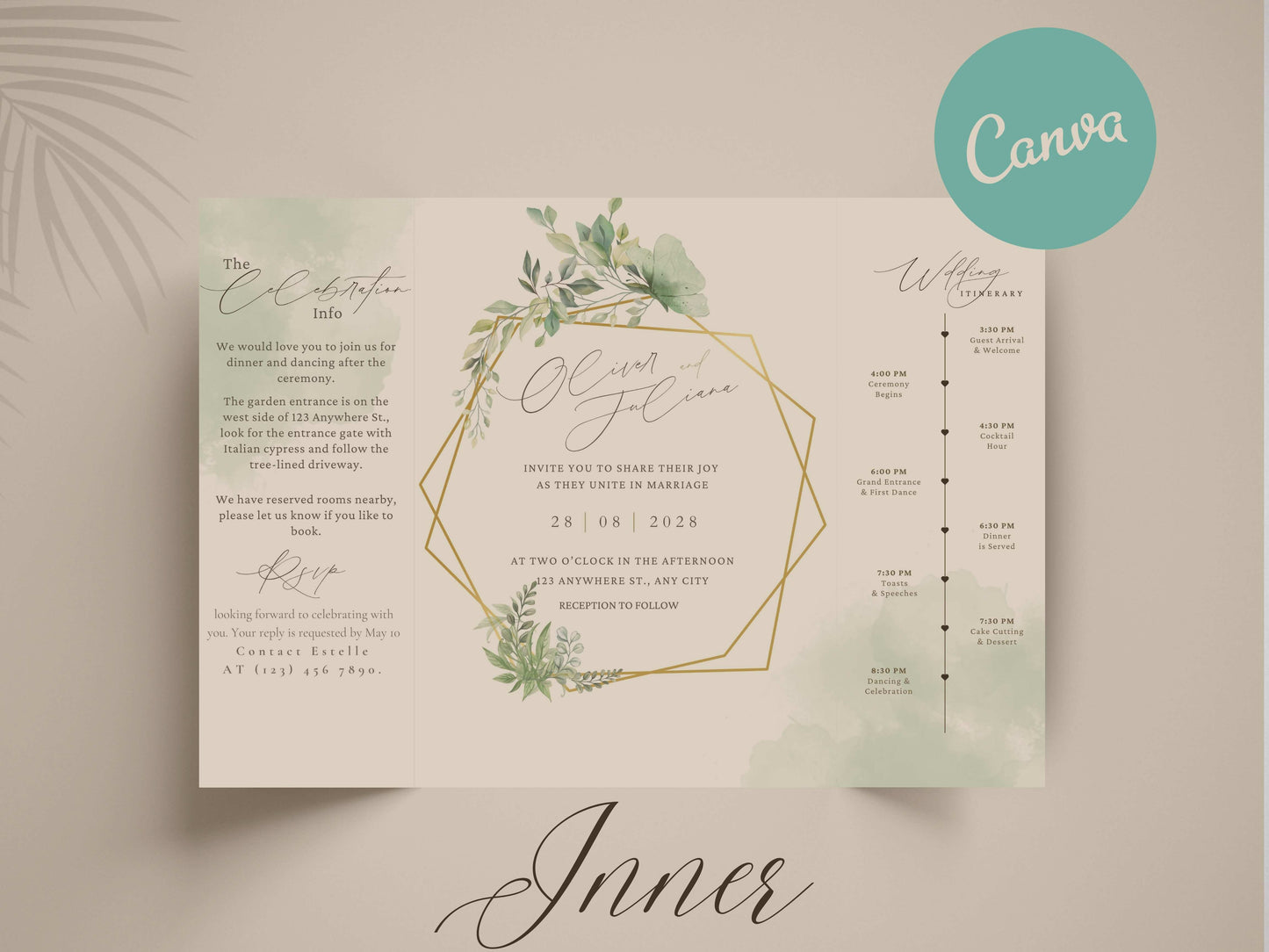 Elegant Greenery Trifold Wedding Invitation | Modern Minimalist Folded Invite with Itinerary | Botanical Geometric Gold Wedding Card. WI141