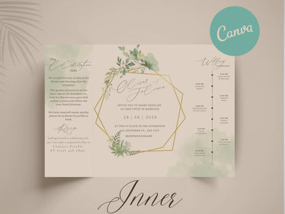 Elegant Greenery Trifold Wedding Invitation | Modern Minimalist Folded Invite with Itinerary | Botanical Geometric Gold Wedding Card. WI141
