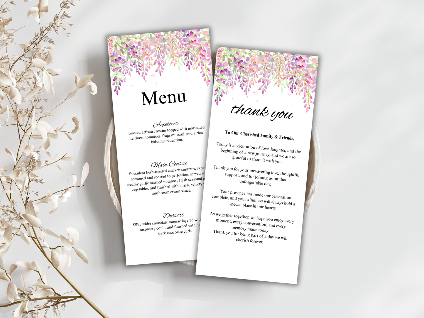 Wisteria Wedding Menu Card, thank you, table card MTC 422