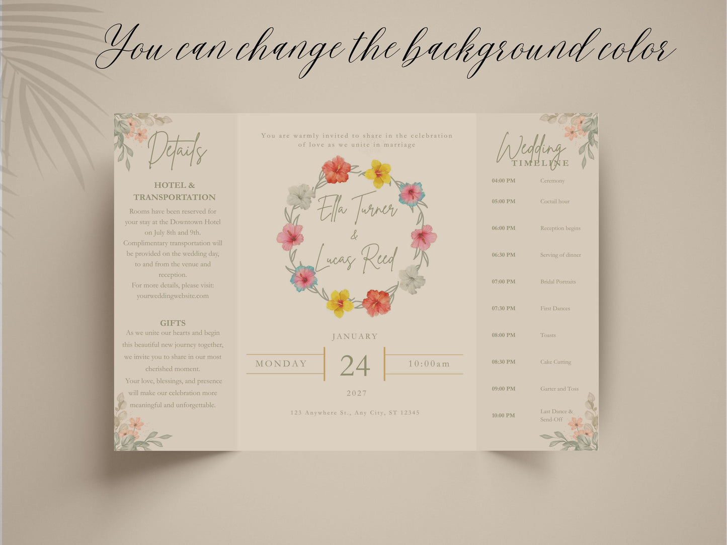 Floral Gatefold Wedding Invitation | Elegant Timeline Wedding Card | Modern Botanical Wedding Invitation with Details & Schedule. WI154