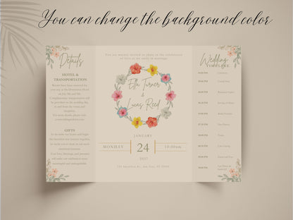 Floral Gatefold Wedding Invitation | Elegant Timeline Wedding Card | Modern Botanical Wedding Invitation with Details & Schedule. WI154