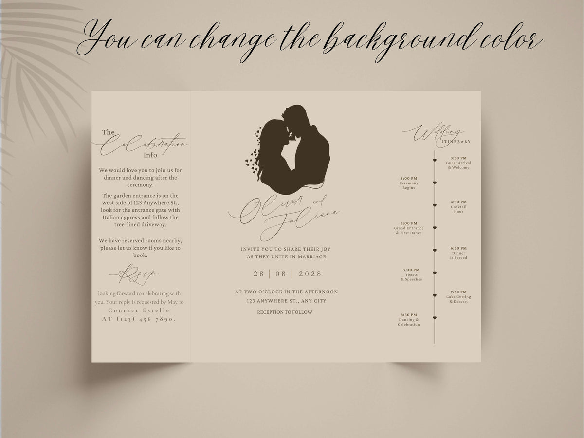 Elegant Gatefold Wedding Invitation | Minimalist Silhouette Wedding Itinerary Card | Modern Folded Wedding Invite Printable Template. WI144