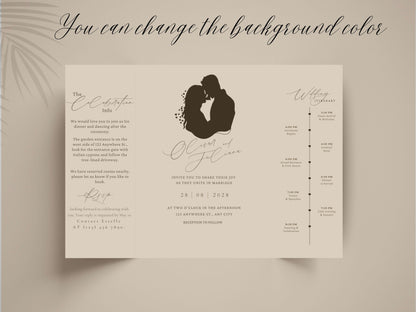 Elegant Gatefold Wedding Invitation | Minimalist Silhouette Wedding Itinerary Card | Modern Folded Wedding Invite Printable Template. WI144