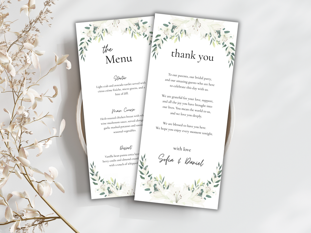 Wedding Menu & Thank You Card Template | Editable Printable Table Place Card. WI203