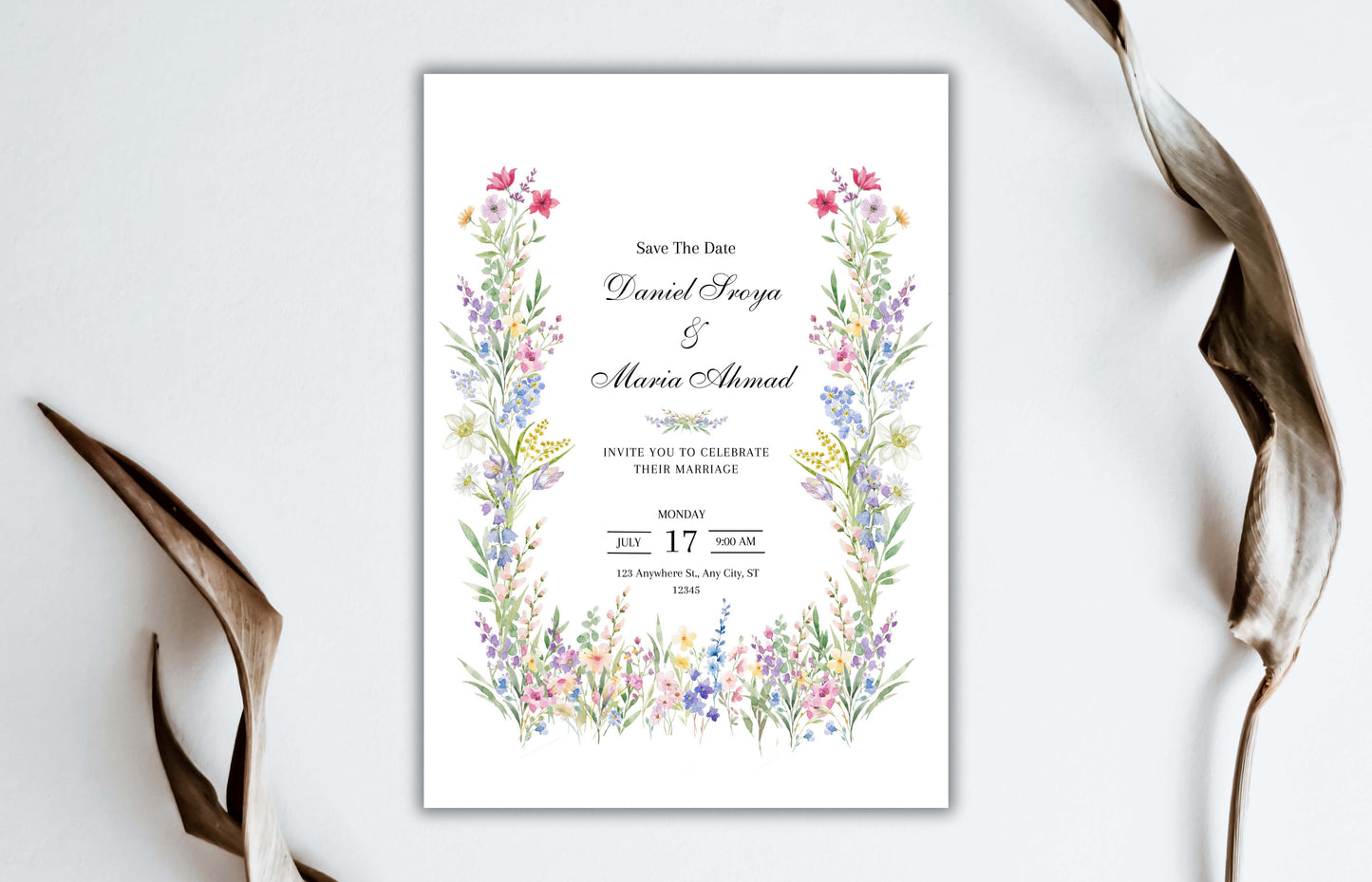 Colorful Flowers Wedding Invitation, Floral Wedding Invite, Editable RSVP, Details Card, Elegant Wedding Invite Template, WIB86