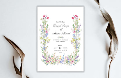 Colorful Flowers Wedding Invitation, Floral Wedding Invite, Editable RSVP, Details Card, Elegant Wedding Invite Template, WIB86