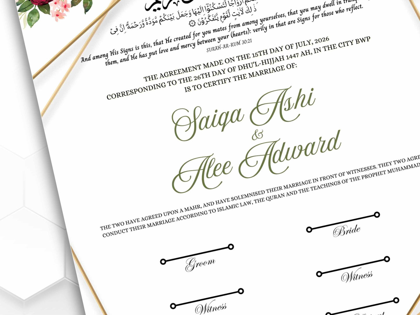 A4/A3 Nikkah Certificate, Pink Gold Nikkah Certificate, Wedding Contract, Nikkah Nama, Muslim Marriage Certificate, Personalised Names.NN278