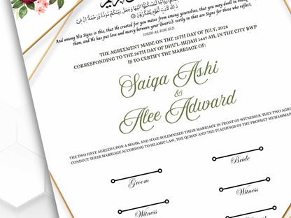 A4/A3 Nikkah Certificate, Pink Gold Nikkah Certificate, Wedding Contract, Nikkah Nama, Muslim Marriage Certificate, Personalised Names.NN278