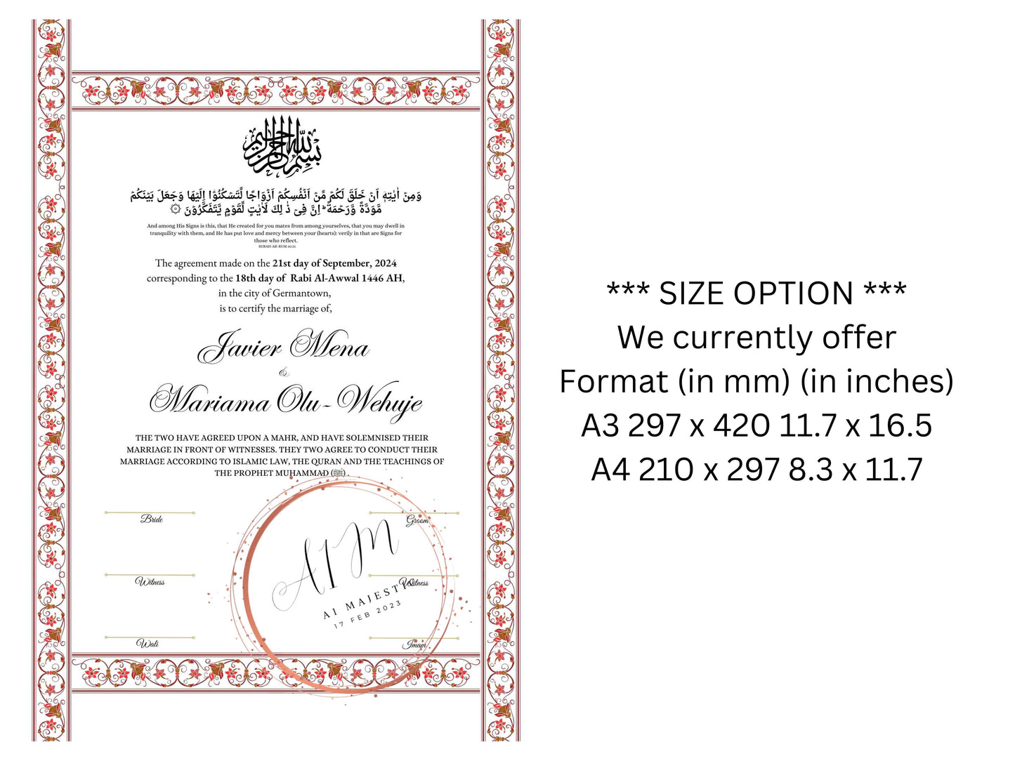 Nikkah Certificate Digital Download, Editable, Template, Muslim Contract, Muslim Marriage, A4, A3, Template, Instat Download. NN275