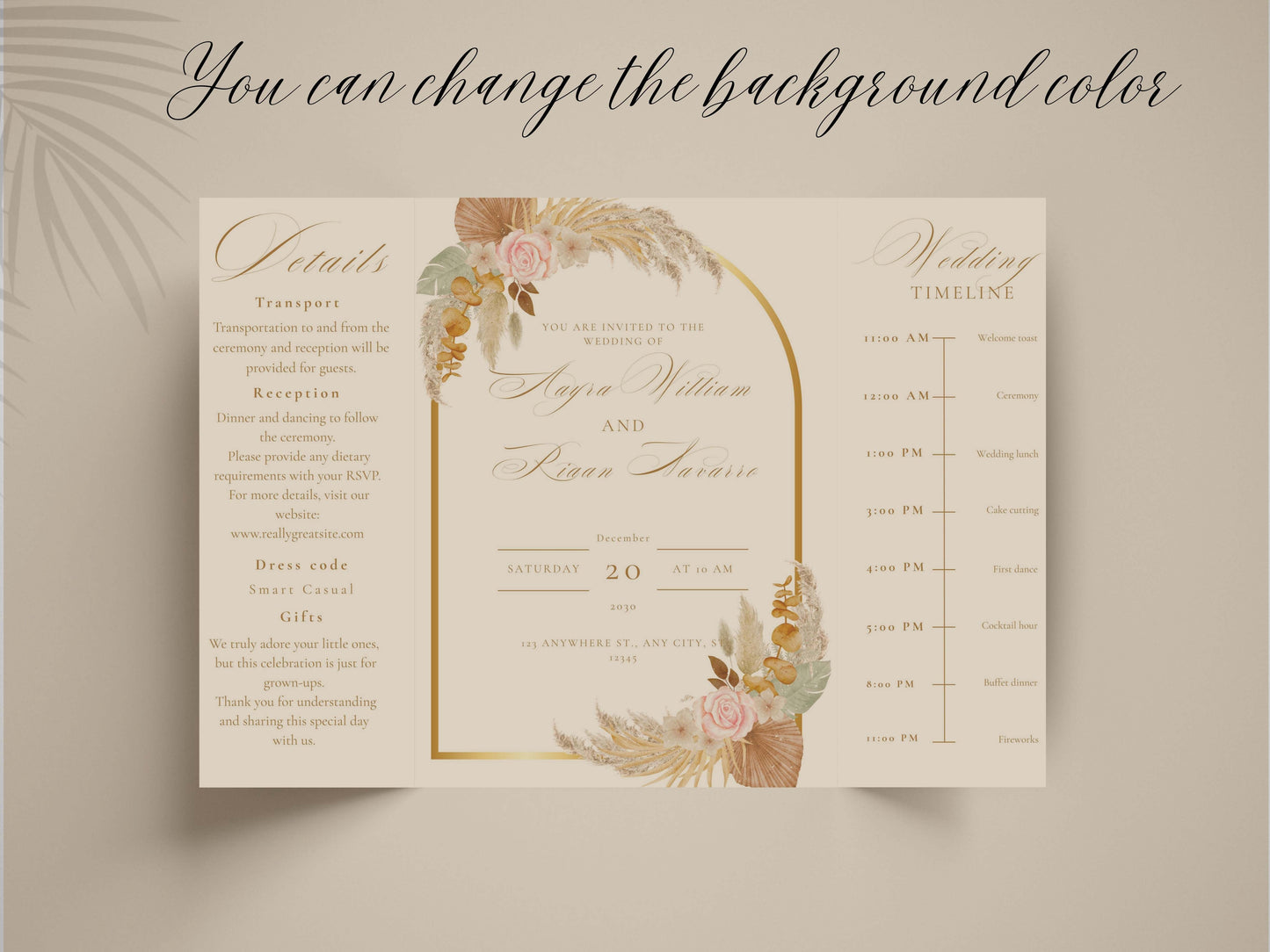 Elegant Wedding Invitation Template | Boho Floral Arch Invite with Timeline | Printable Details Card | Modern Wedding Stationery Suite.WI149