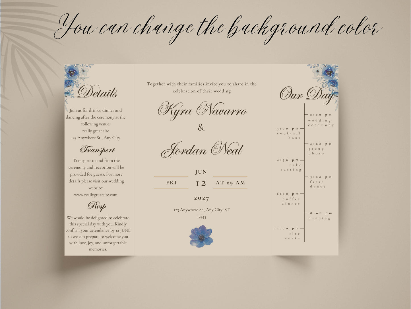 Elegant Blue Floral Wedding Invitation Template | Modern Folded Wedding Invite with Timeline | Printable Wedding Suite. WI150