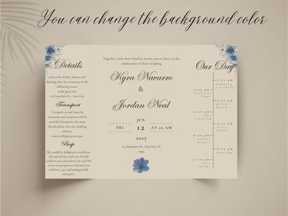 Elegant Blue Floral Wedding Invitation Template | Modern Folded Wedding Invite with Timeline | Printable Wedding Suite. WI150