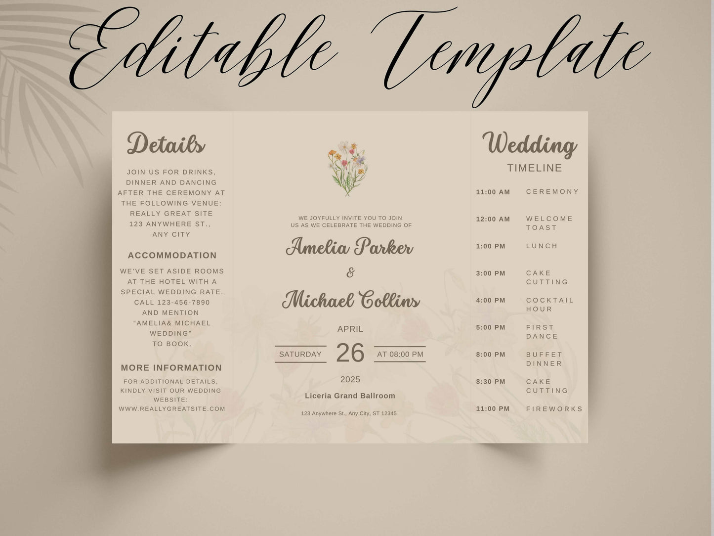 Elegant Wedding Invitation Card | Modern Floral Timeline Invite | Printable Details & Schedule | Personalized Digital Download. WI159