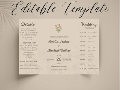 Elegant Wedding Invitation Card | Modern Floral Timeline Invite | Printable Details & Schedule | Personalized Digital Download. WI159